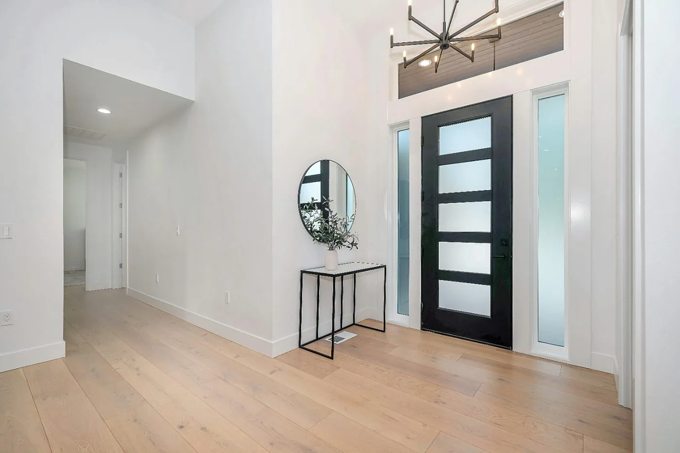 Light wide-plank laminate flooring in a modern entryway with a black front door